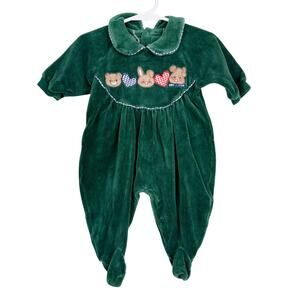 Vtg 90s Teeny Weeny Footed Jumpsuit Bears Rabbit Green Collar - 0-3 Months